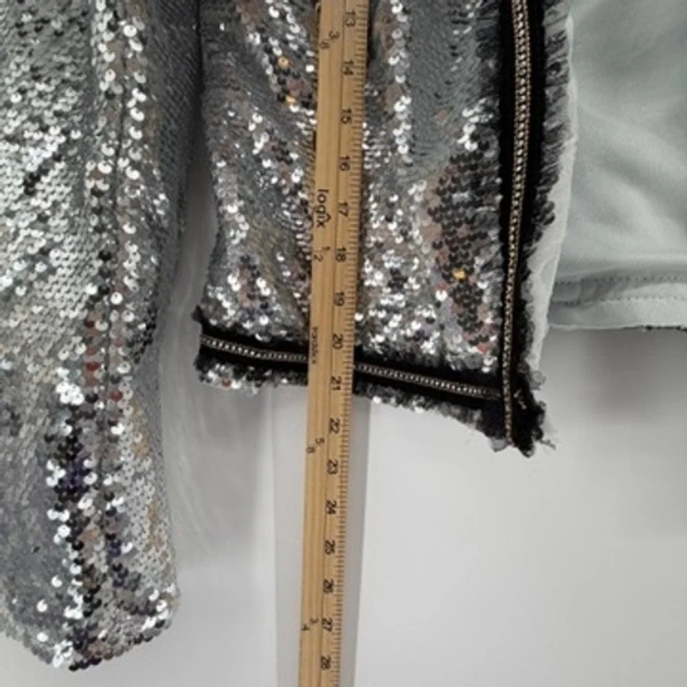 Jealous Tomato Silver Sequin Jacket Womens‎ Medium Rhinestone Trim Open Front